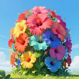 digital illustration of a field of giant multi - colored hibiscus flowers by dr. seuss, reimagined by industrial light and magic and beeple : 1 | towering megaflora by dr. seuss, spectral color, rolling hills : 0. 9 | fantasy, cinematic : 0. 9 | unreal engine, octane, finalrender, deviantart, artstation, artstation hq, behance, hd, 1 6 k resolution : 0. 8