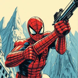 a close - up grainy, risograph painting, spiderman, floating above the sharp peaks weapons, style by moebius and kim jung gi and barlowe wayne