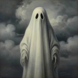 portrait of a scary creepy ghost, clouds in the background, by rene magritte, detailed painting, distance, middle centered, hd, hq, high resolution, high detail, 4 k, 8 k