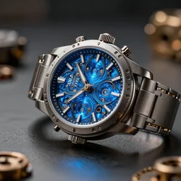 complex 3 d render of a futuristic steampunk watch lying on a table, high detail, sharp focus, glowing blue interior components, fractal detail, depth of field, bokeh, cinematic lighting and composition, octane render, film grain, piaget