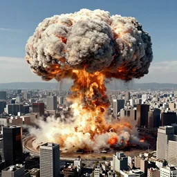 hyper detailed mushroom! clouds! formed by an h - bomb! explosion! in the middle of tokyo, raising between the buildings, highly detailed, concept art, smooth, sharp focus, middle east war photography, awarded photography, akira ( 1 9 8 8 ) style, popular on artstation, unreal engine, aerial photo, nvidia graphics,.