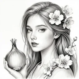 the portrait of an incredibly beautiful woman partially made of onions and cherry blossoms, an ultrafine detailed illustration by james jean, final fantasy, intricate linework, bright colors, behance contest winner, vanitas, angular, altermodern, unreal engine 5 highly rendered, global illumination, radiant light, detailed and intricate environment