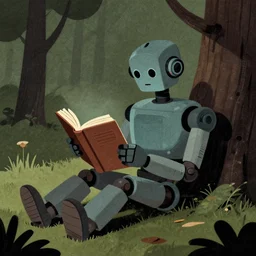 retro dark vintage sci-fi, 2D matte illustration, robot reading a book in a park, art by Szukalski, Beksinski