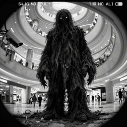 camera footage of a giant Boogey man in an abandoned shopping mall, high exposure, dark, monochrome, camera, grainy, CCTV, security camera footage, timestamp, zoomed in, fish-eye lense, Enderman,