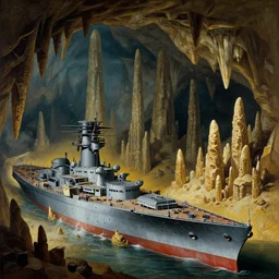 a broken 15th warship Manowar in the foreground, in a huge cave with stalagmites and stalagtites. Matte anointing in the style of Marc simonetti and Christophe vacher and Hubert Robert, detailed, complementary colors trending on artstation.