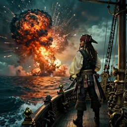 a pirate standing on his ship watching big explosions on the wild sea, beautiful dramatic moody lighting, cinematic atmosphere, high detail, 8k, ornate, dark fantasy, masterpiece, complex, film still from the movie directed by Denis Villeneuve with art direction by Zdzislaw Beksiński, Dan Mumford, Patiphan Sottiwilaiphong, Yintion J - Jiang Geping