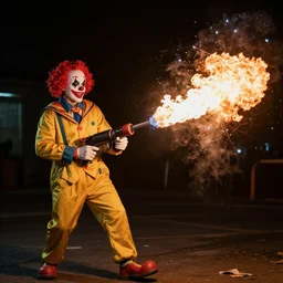 photo of a clown using a flamethrower projecting a long flame