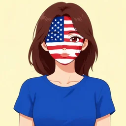 a woman in a blue shirt with a american flag on her face, an anime drawing by ei - q, featured on pixiv, superflat, flat colors, commission for, anime
