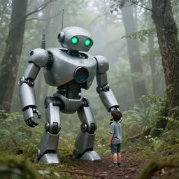 A small boy discovers a large mechanical robot with green eyes in the misty forest