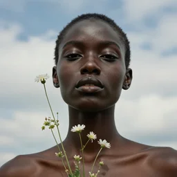 close - up fashion black skin woman portrait airy flowers cloudy sky art by vasnetsov