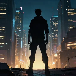 silhouette of a man in cyberpunk city night, ultrafine highly detailed hyper illustration, sharp focus, unreal engine highly rendered, global illumination, radiant light