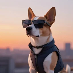 a cyberpunk dog watching the sunset wearing sun glasses and a vest, digital art