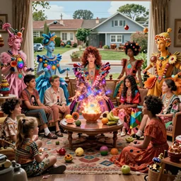 movie still by alejandro jodorowsky of a beautiful day in a multicultural family living art room in a suburban gucci neighborhood, visible magic energy, dream high fashion creature costumes, glowing fruit people, irridecent ornaments, festival props, cinestill 8 0 0 t eastmancolor technicolor, high quality, very detailed, heavy grain, fine facial features, 8 k, octane render