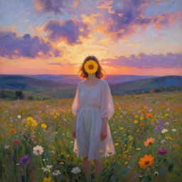 girl with a flower face, surreal portrait, dreamlike, standing in flower field, in a valley, sunrise dramatic light, impressionist painting, colorful clouds, artstation, simon stalenhag