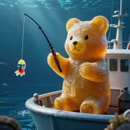 life - sized gummi bear is deep sea fishing in a sportfisherman boat. he is fishing for swedish fish candy and using gummi worm candy as bait. photorealistic digital art, epic fantasy, dramatic lighting, cinematic, extremely high detail, cinematic lighting, trending, artstation, cgsociety, 3 d ue 5, 4 k, hq