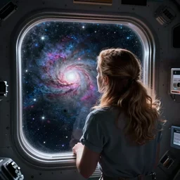 emma watson looking out of a window in outer space, looking at a nebula, photo taken from behind