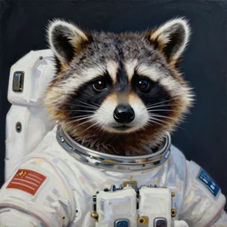 heroic nasa portrait of a raccoon astronaut, oil on canvas, colorful, hyper detailed, photorealistic