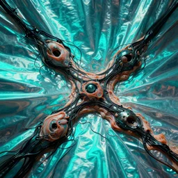 technological mitosis, cell shaded, hyperrealism, reflective fabric, refractive surfaces, chiaroscuro!, minimalism, sfumato!, flesh bound to metal, loose wires, black ooze, cyan lighting, vibrant, by ilya kuvshinov and anton fadeev and giger and greg rutkowski and gil elvgren