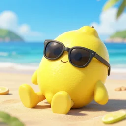 8k UHD photo of a anthro lemon relaxing at the beach, the lemon is wearing sunglasses