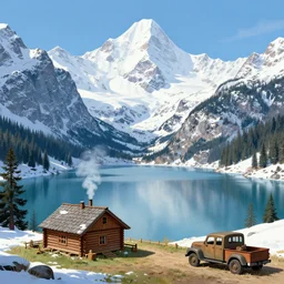 a beautiful mountain lake surrounded by snowcapped mountains a log cabin with smoke coming from the chimney and and old truck by James Gurney and Greg Rutkowski, trending on artstation