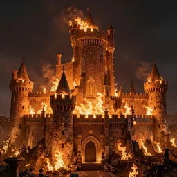 a medieval castle in flames, runic, volumetric lighting, 8 k octane beautifully detailed render, post - processing, extremely hyper - detailed, intricate, epic composition, cinematic lighting, masterpiece, trending on artstation, stunning art by caravaggio, by simonetti, beautiful cinematic light
