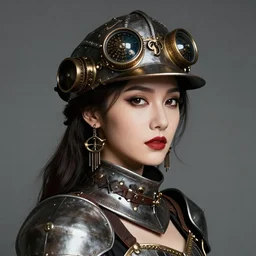 head and shoulders portrait of a female knight, steampunk, vogue fashion photo