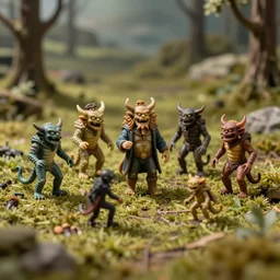 miniature figurines of heironymus bosch monsters, tilt shift, product photography