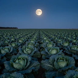 award-winning landscape photography of a cabbage field, fullmoon.