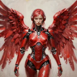 a beautiful painting a portrait of cyborg angel, symetrical scene, symetric character, trending in artstation, octane render, red, 8 k, by peter mohrbacher, zaha hadi
