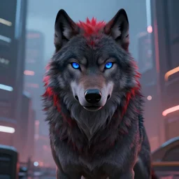 portrait of a male anthropomorphic dark gray wolf with red hair and blue eyes in a futuristic city, hyper detailed, digital art, trending in artstation, cinematic lighting, studio quality, smooth render, unreal engine 5 rendered, octane rendered, art style by pixar dreamworks warner bros disney riot games and overwatch.