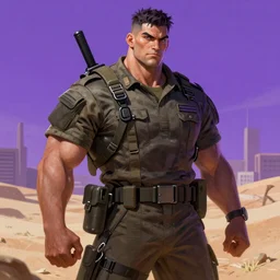 purple lighting, detailed character concept illustration, strong muscular mature soldier in a soldier uniform, desert with city in the background, sharp focus, illustration, highly detailed, digital painting, concept art, matte, art by wlop and artgerm and greg rutkowski, masterpiece