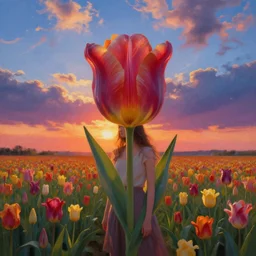 girl with a giant tulip head, surreal photography, flower field, sunset dramatic light, impressionist painting, colorful clouds, blue sky, digital painting, artstation, simon stalenhag