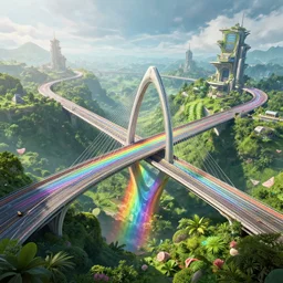incredible, mindblowing beautiful wide rainbow high - tech bridge, matte painting, artstation, solarpunk metropolis, cgsociety, dramatic lighting, vibrant greenery, concept art, octane render, arnold 3 d render