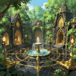 A wide open courtyard in a beautiful elven city made of black and gold marble, anime, lush trees, fountain, statue, a fantasy digital painting by Greg Rutkowski and James Gurney, trending on Artstation, highly detailed