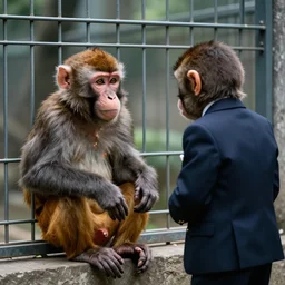 a monkey in a suit, watching a human in a cage. - n 4