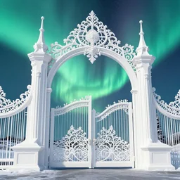 a very detailed concept art of intricate and scandinavian white gates to aurora borealis, trending on artstation, symmetry, digital art, 4 k, hyper realistic, octane render, sharp focus