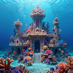 a beautiful digital artwork of an underwater palace built from coral. marine life, ocean life. magical, enchanted. trending on artstation