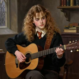 Hermione Granger/Emma Watson wearing a black sweater, playing a guitar, in the Gryffindor common room, portrait oil painting by Hiroshi Yoshida