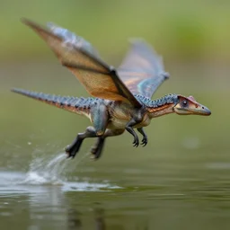 action photography, long shot, award winning macro photo of a tiny ultra detailed intricate pterodactyl jumping to a lake, fast shutter speed, motion blur, tiny gaussian blur, highly detailed, highly intricate, depth of field, national geographic
