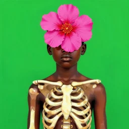 medium shot, an african boy with a pink flower as a head and skeleton as a body, green background, vibrant colours, in a style of gashi - gashi, r - mk, urban - centre, re - sublimity - kun, sharp focus, digital painting,
