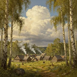 A beautiful painting of a small medieval settlement in the edge of a birch forest, smoke from chimneys, cumulus clouds, dramatic composition, cinematic, concept art, golden ratio, matte painting, Marc Simonetti, Sergey Vasnev, Anato Finnstark, artstation, 8k, high resolution