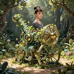 audrey hepburn garden machine, intricate solarpunk illustration by tim doyle