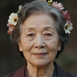 portrait of a 5 0 0 year old woman, symmetrical face, flowers in her hair, she has the beautiful calm face of her mother, slightly smiling, ambient light