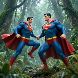 captain planet fighting superman above a rainforest, 3 d render, hyper realistic, 4 k