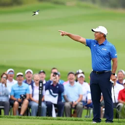 man golfing and pointing to a bird who stole the ball, audience looking and laughing