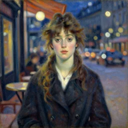 an impressionist portrait painting of a beautiful young woman by antoine blanchard, paris cafe at night with city lights bokeh background,!!! shallow depth of field!!!, canon 5 0 mm!! tilt - shift!! lens f 1. 2