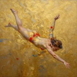 abstract oil matte painting, woman swimming in a golden liquid partially covered, red dollops, blue strains, wonderful masterpiece highly detailed, beautiful cinematic light deep focus, elegant, smooth, sharp focus, golden ratio, dramatic illumination, ultra realistic, 8 k, art by kristina alisauskaite and caravaggio