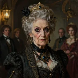 portrait painting of an extremely fancy elderly woman with a devious expression, gaslamp fantasy, victorian, ultra realistic, concept art, intricate details, eerie, highly detailed, photorealistic, octane render, 8 k, unreal engine. art by artgerm and greg rutkowski and charlie bowater and magali villeneuve and alphonse mucha