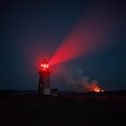 red beam of light from lighthouse rotating over the field, night, unsettling, smoke and fire on the horizon, photo 1998