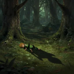the shadow of peter pan crawls from his lifeless body in the Forest, Greg Rutkowski, ArtStation, CGSociety, Unreal Engine